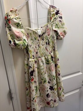 H&M Cream Floral Midi Dress with Pink, Green & Purple Print